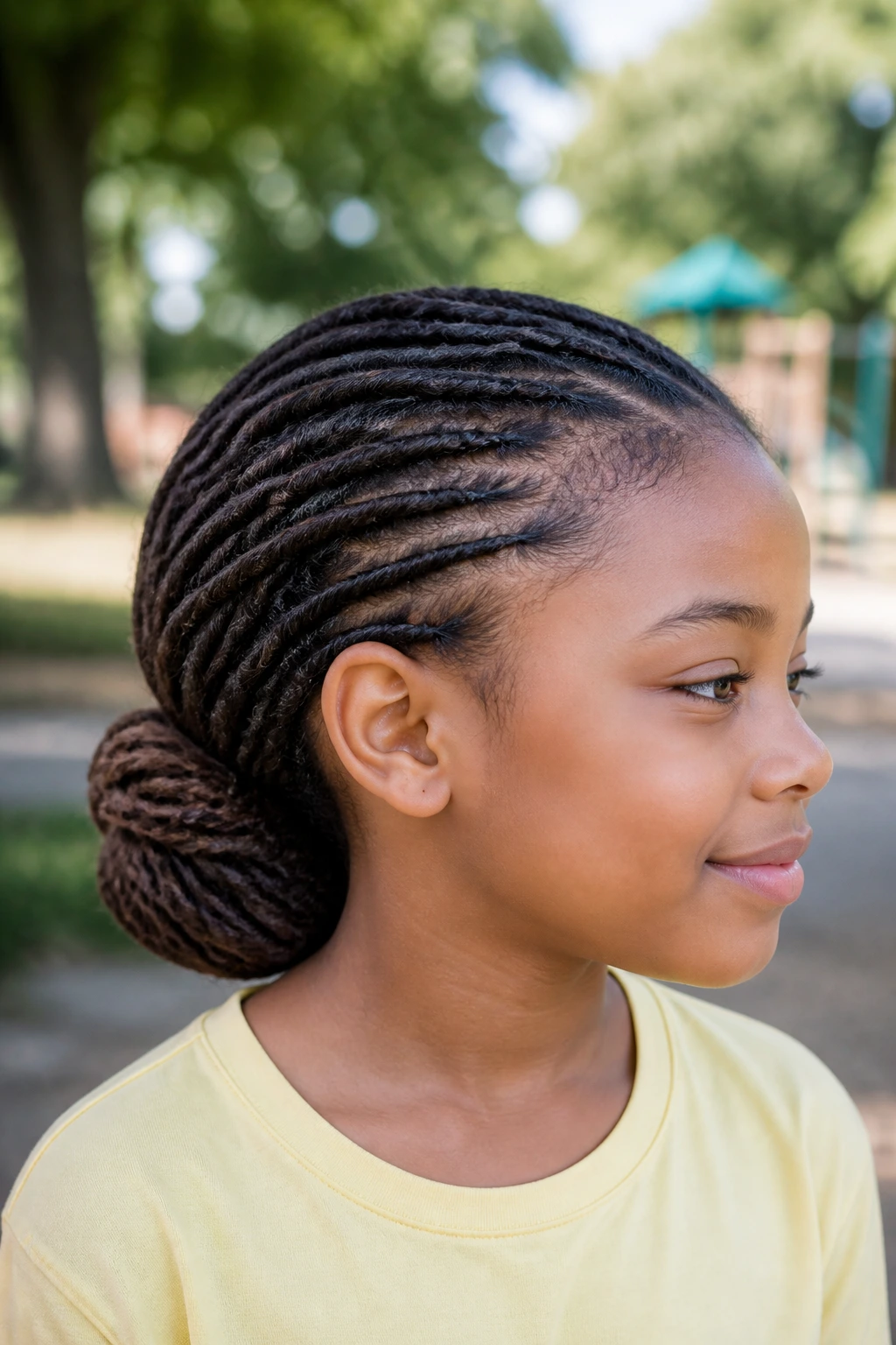 Close-up of a real child with a low fold-under pony