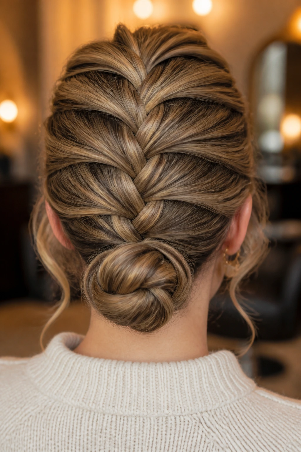 Back view of a real woman showing a low French braid turning into a chignon at the nape.