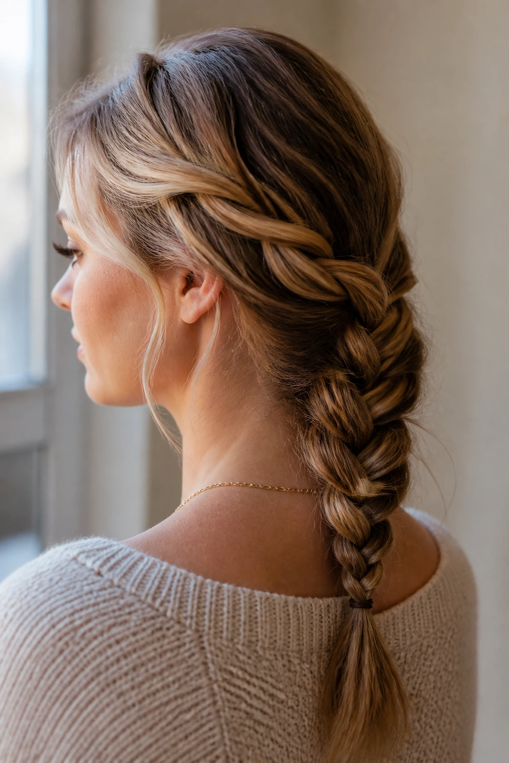 Close-up of a real woman with a loose low French braid at the nape