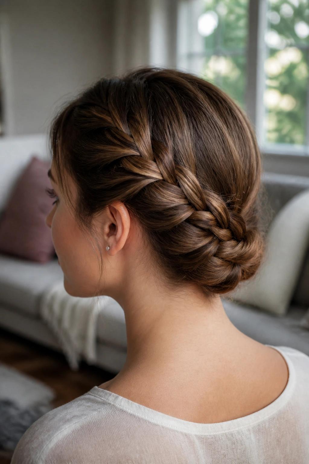 Close-up of real woman's nape with low-slung French braid and tucked ends.