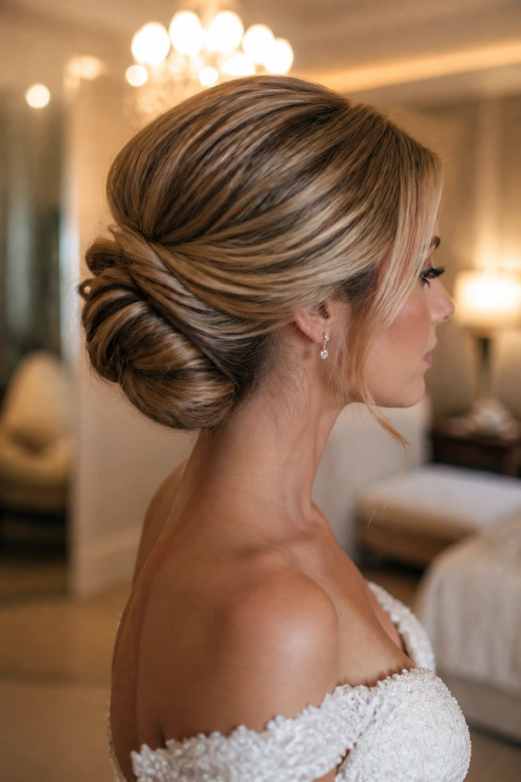 Side profile of a real bride with a dense, low French twist