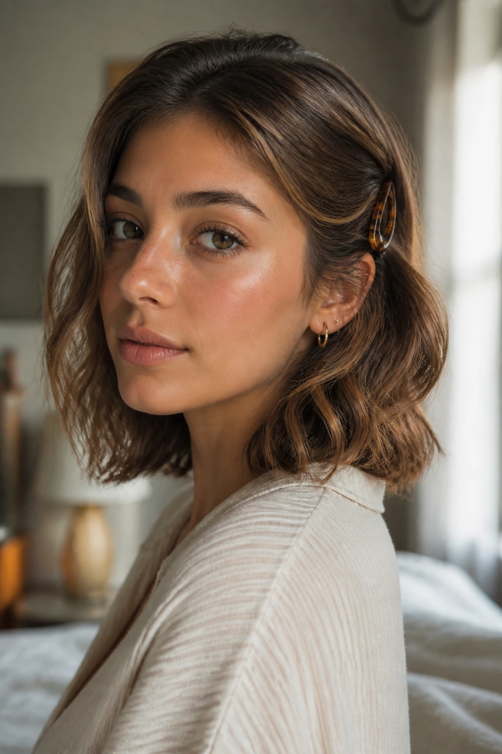 Close-up portrait of a real woman showing a tucked behind the ear finish with a small clip.