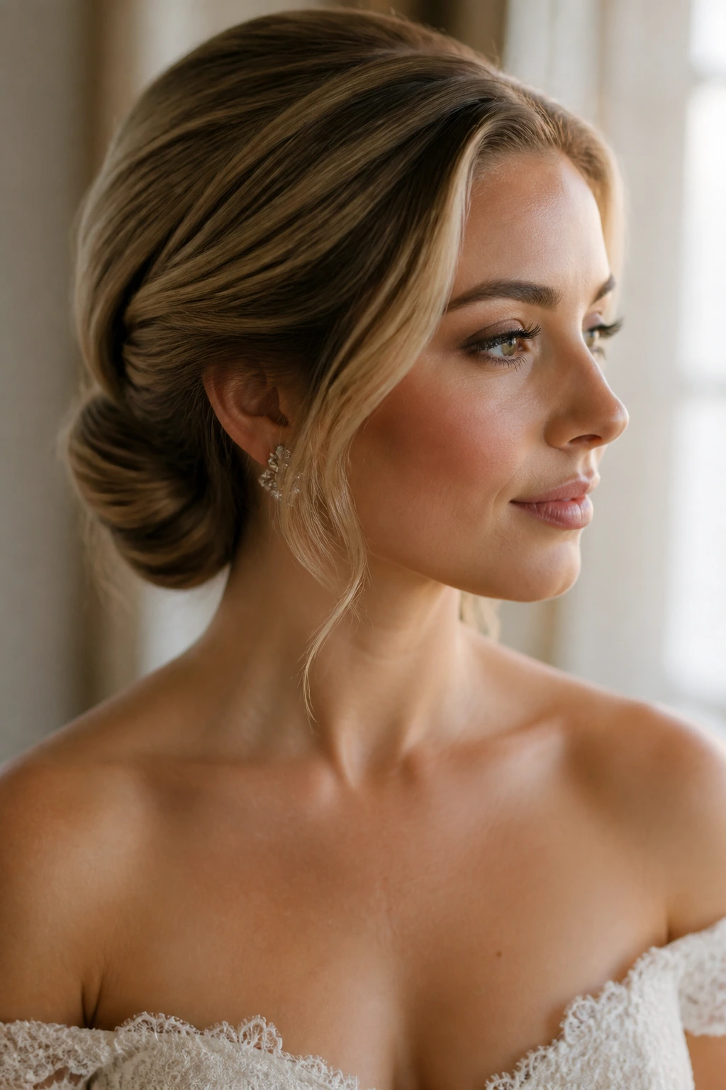 Close-up of a real bride showing a Low Gibson Tuck at the nape.