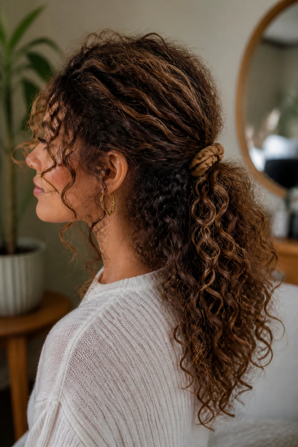 Portrait of a real person with a low half ponytail and lifted crown for volume