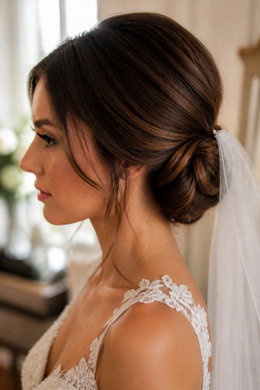 Close-up of bride with a low half-up chignon hairstyles