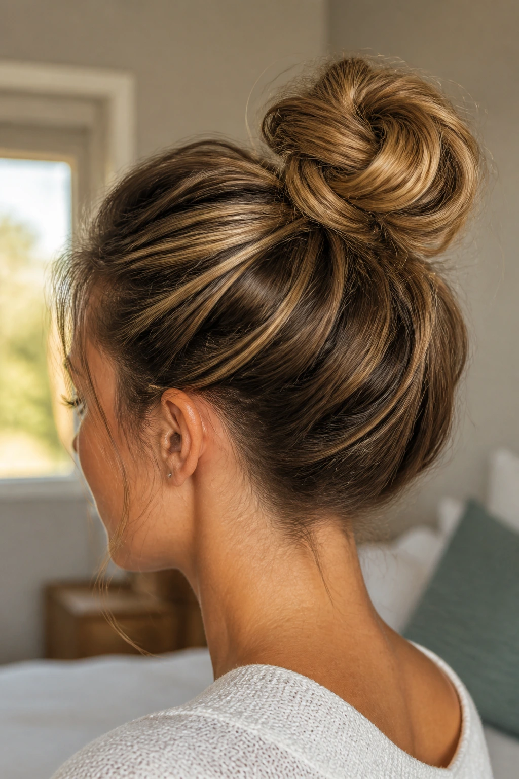 Close-up portrait of a real woman with a low-high knot formed above the back of the head