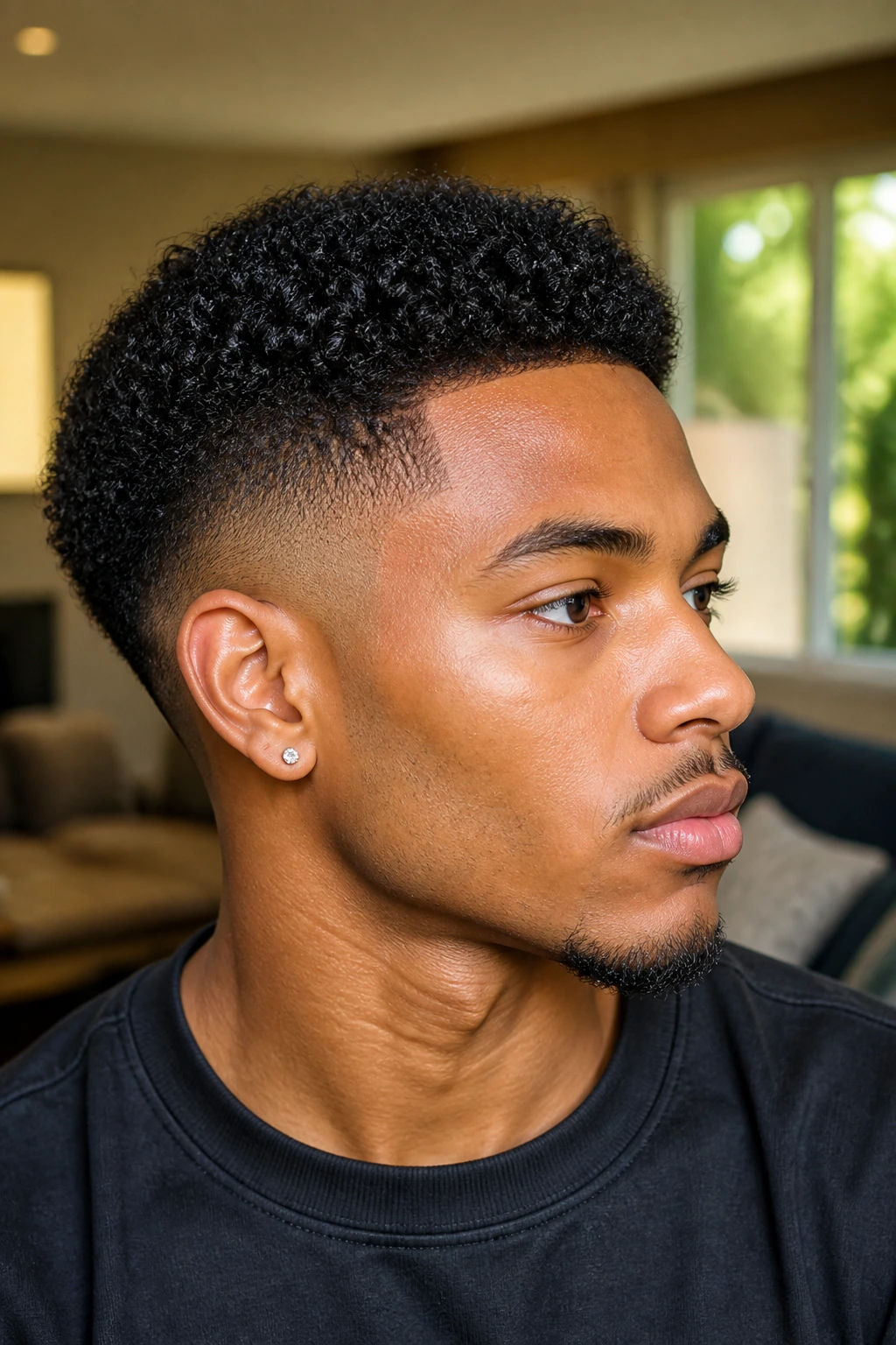 Close-up portrait of a low-high taper hairstyle on a real person