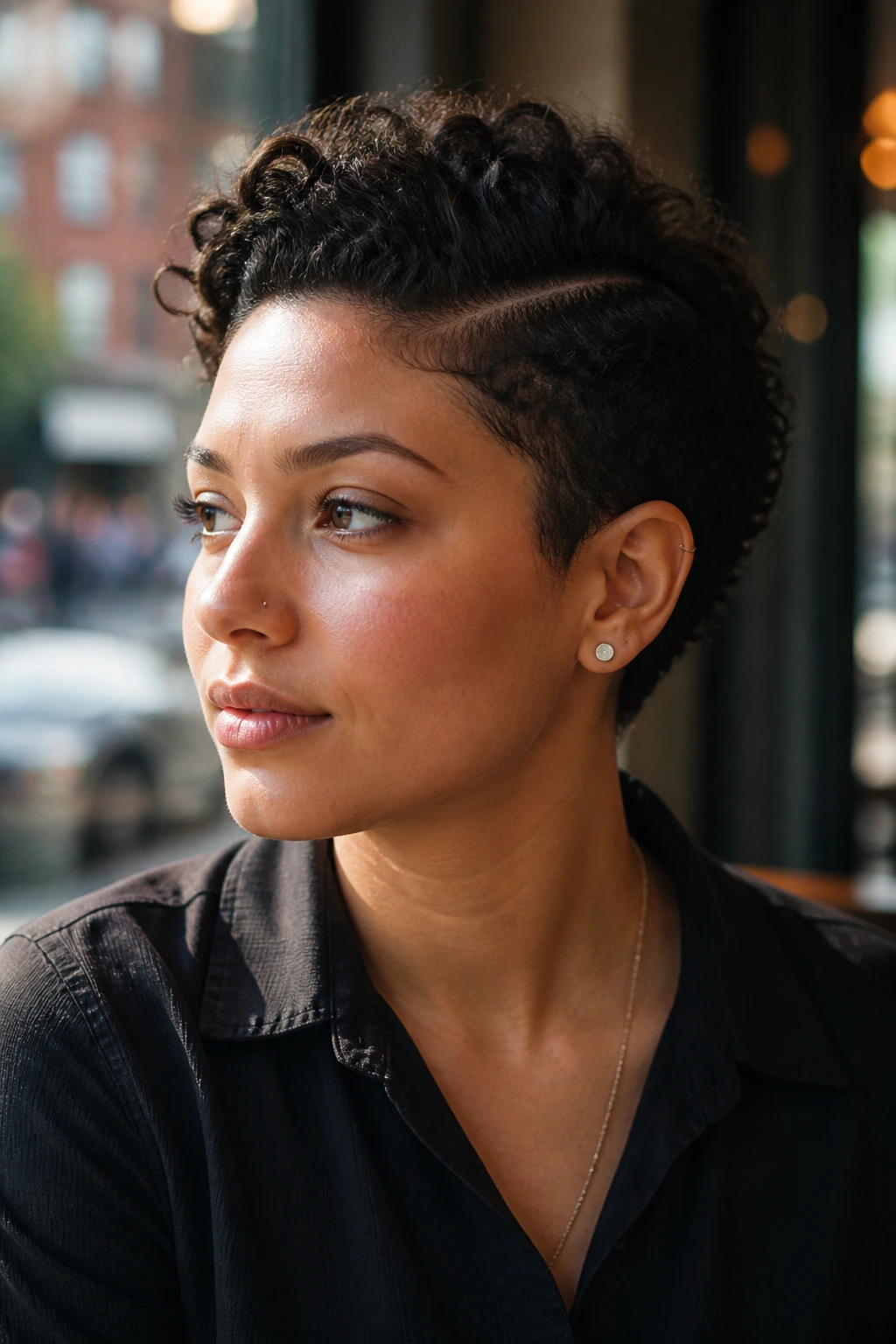 Close-up portrait of a real person with a low-key hawk hairstyle, natural light