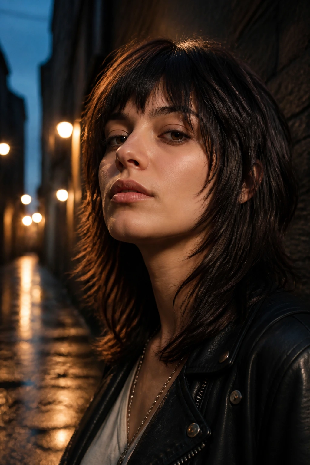 Portrait of a real person with a low-key rocker wolf cut in moody urban lighting