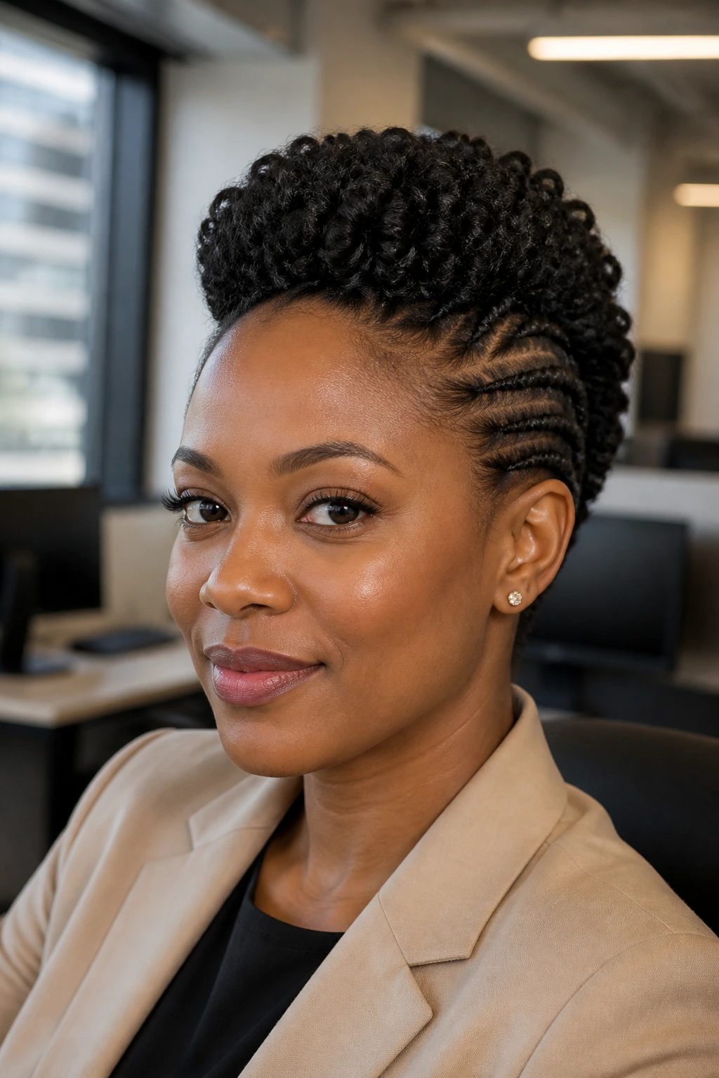 Close-up of a real woman with a subdued mohawk in an office setting