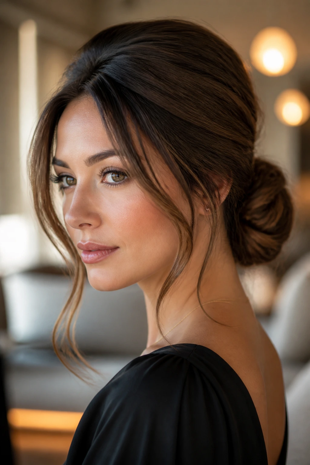 Close-up of a real woman with low knot bouffant and face-framing pieces