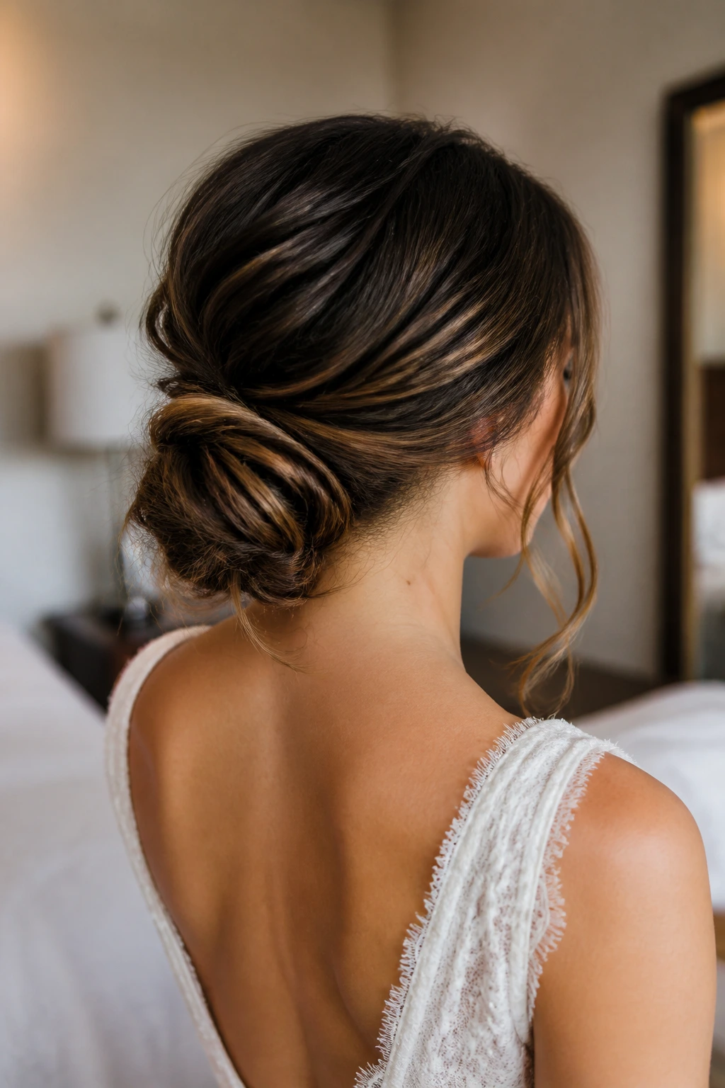Bride with textured low knot at nape, back view