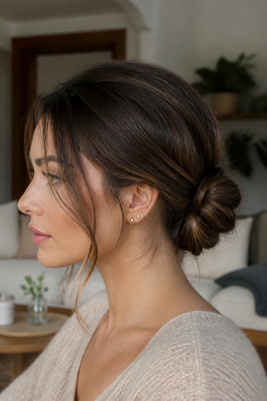 Close-up of a real woman wearing a low knot bun with face-framing pieces.