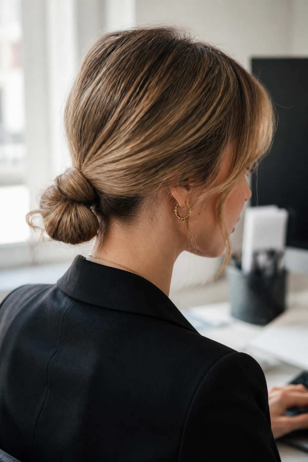 Close-up of a low knot bun at the nape in a professional setting