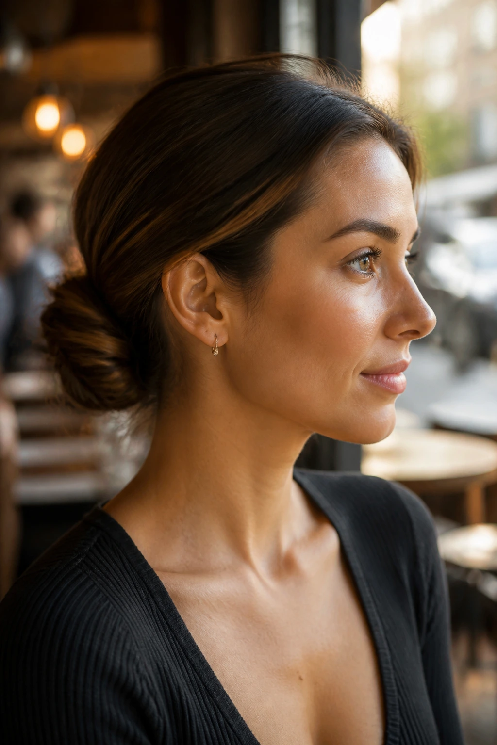 Close-up portrait of a real woman with a low knot bun in cafe lighting