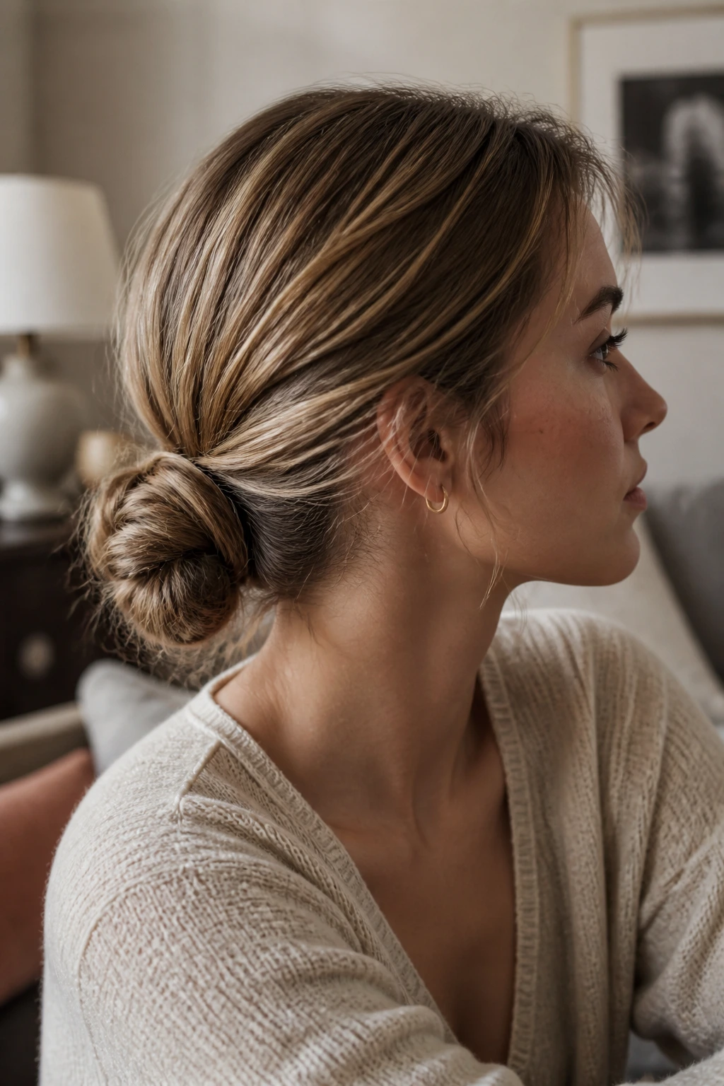 Close-up of a real woman's head with a low knot bun and undone finish