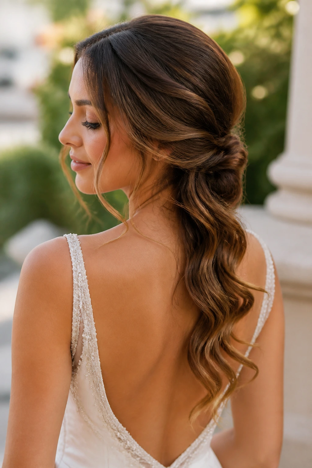 Bride with a low knot at the nape and cascading waves in a garden setting