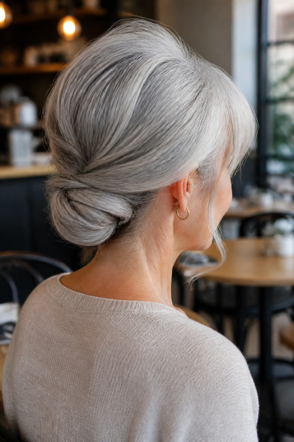 Three-quarter rear portrait of gray hair in a low knot with crown lift