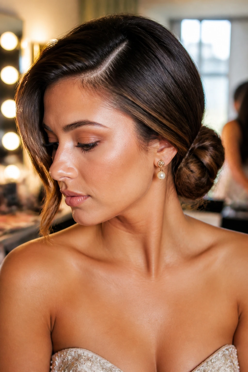 Close-up of a deep-parted side-swept low knot for prom