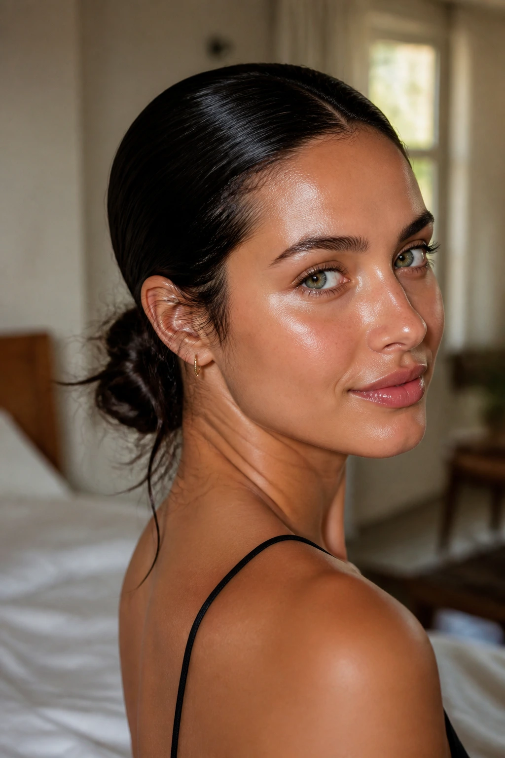 Close-up of Low Knot With Loose Ends on a real person with a sleek nape knot