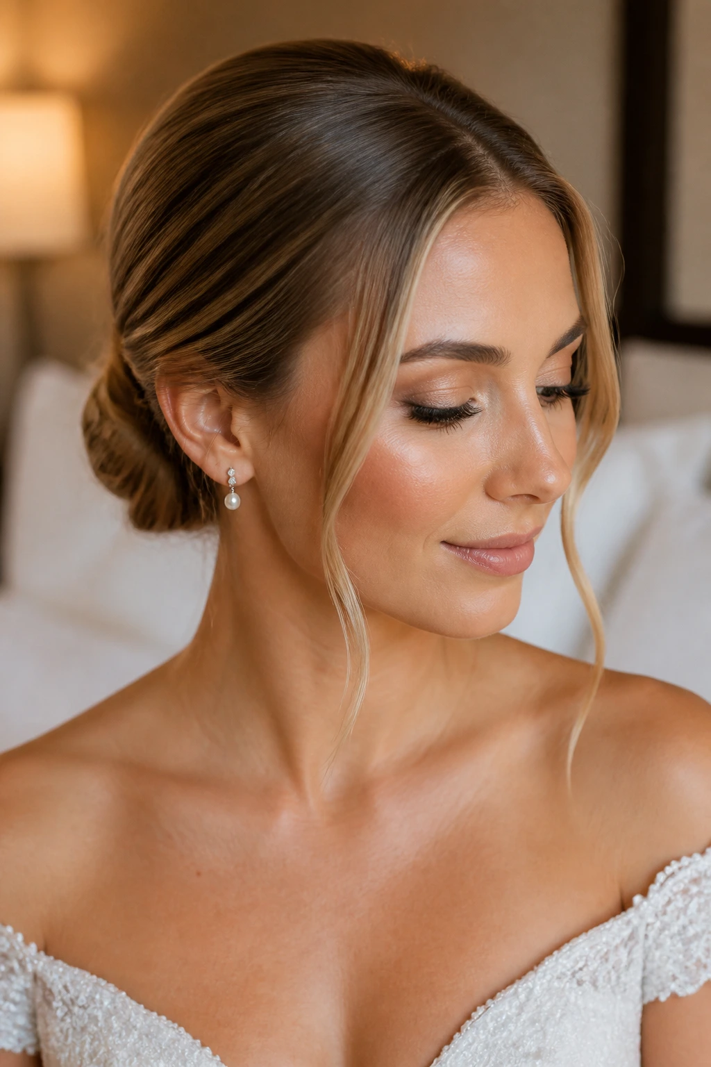 Close-up of a real bride with a low knot and face-framing pieces.