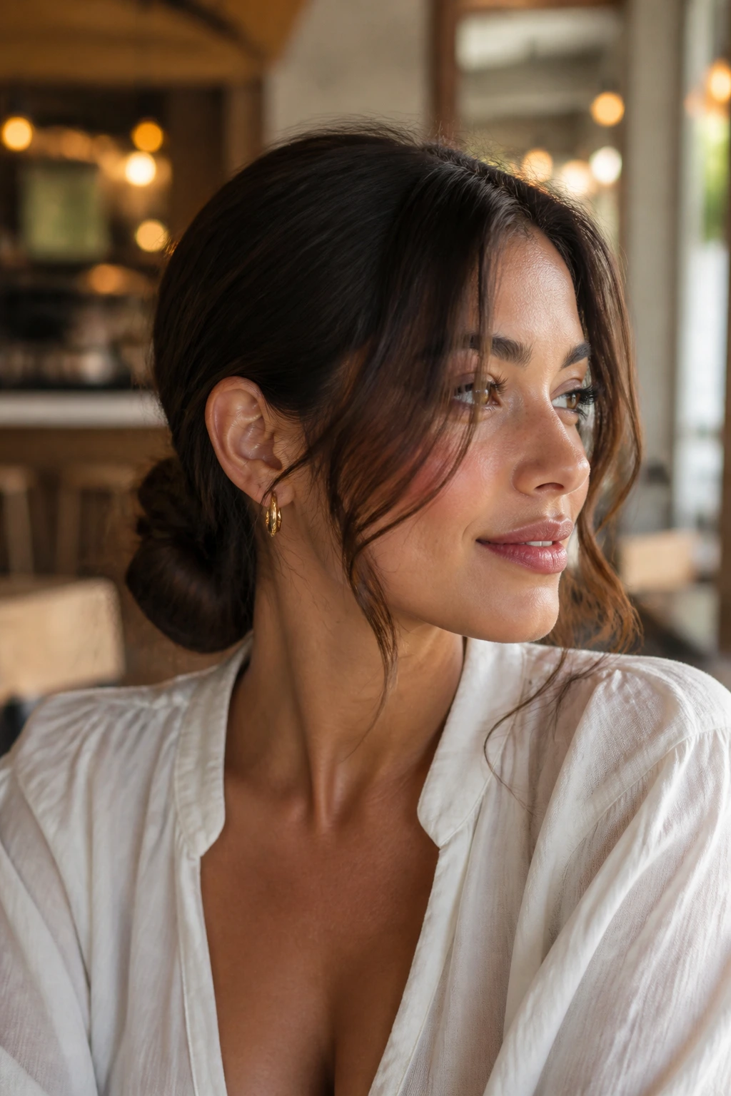 Close-up of a real woman with a low knot and face-framing pieces