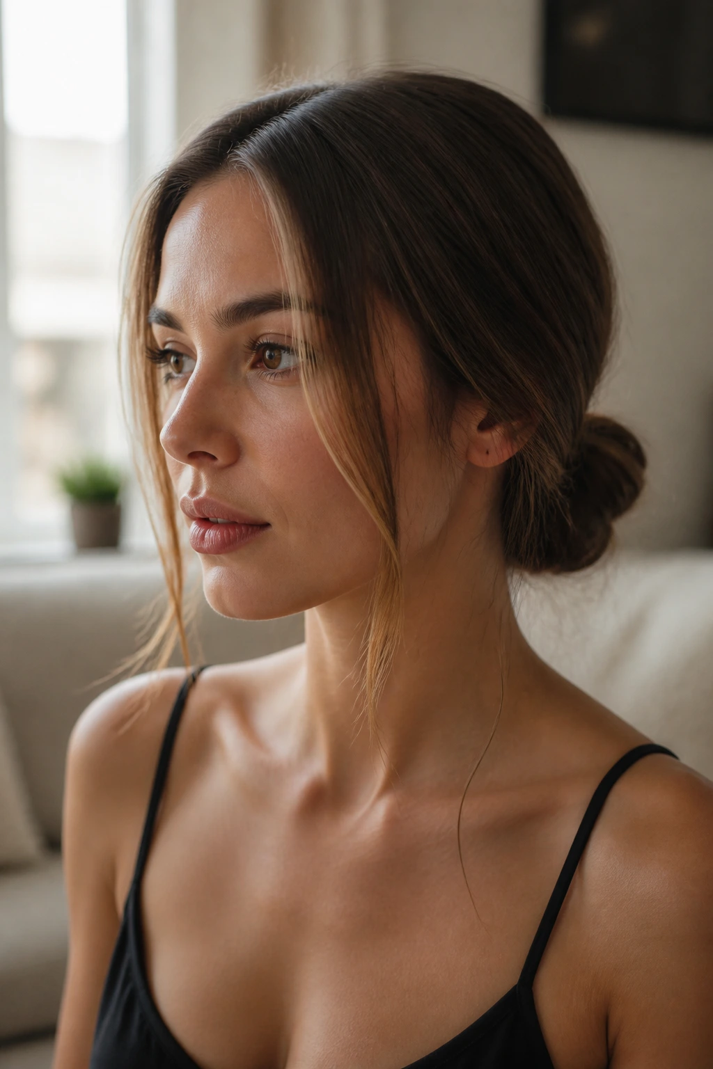 Close-up of a real woman with a low knot and face-framing pieces at the nape.