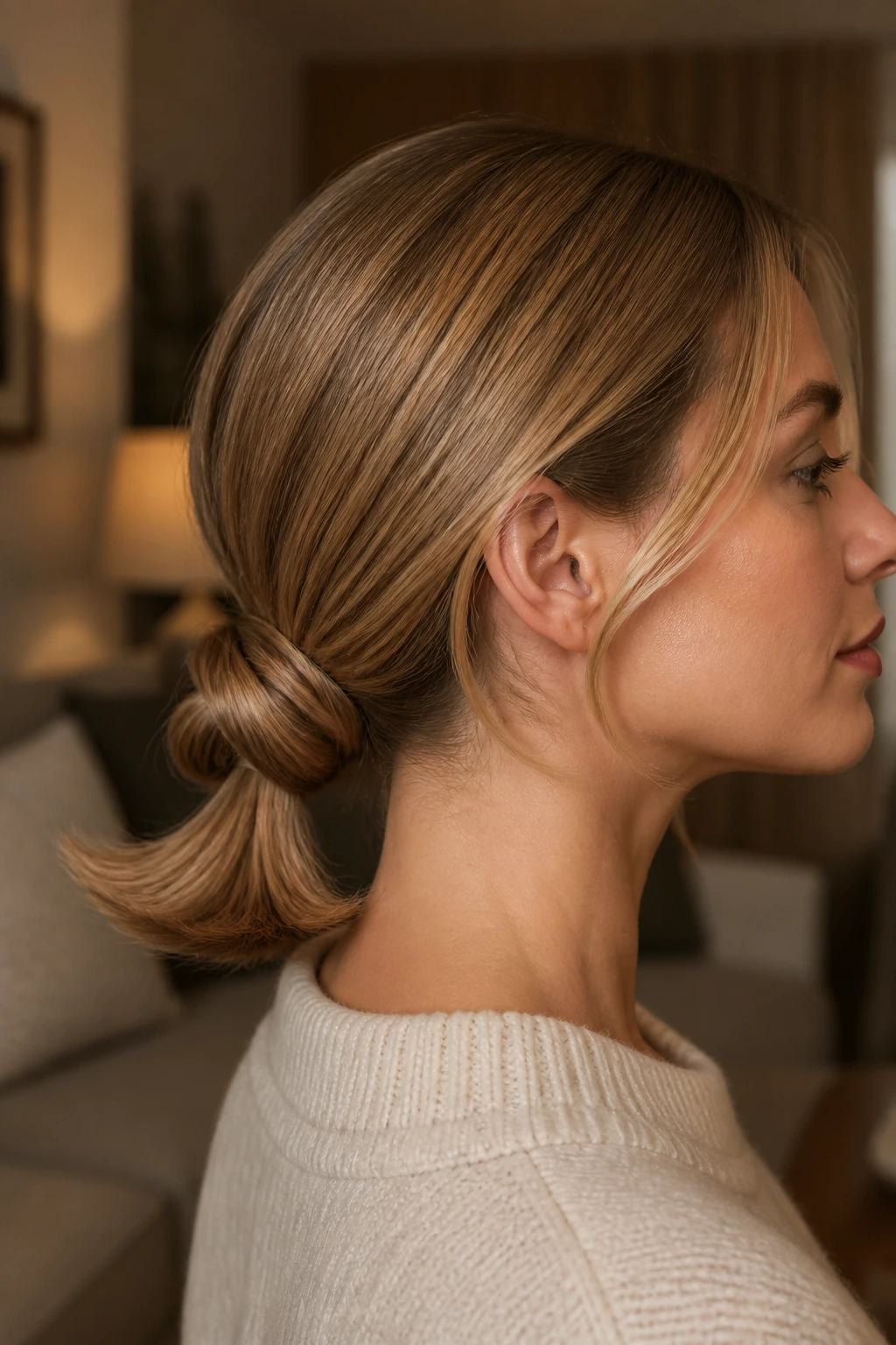 Low knot with flip ends on a real woman's hair