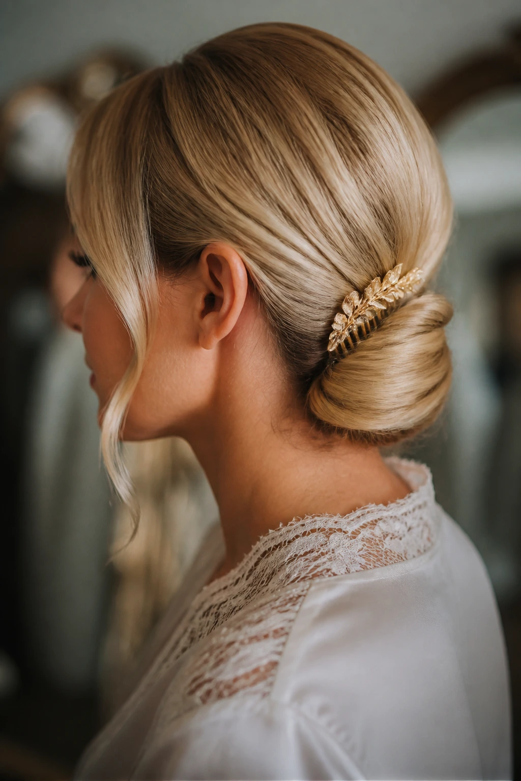 Close-up of a blonde bride's low knot with a gold comb