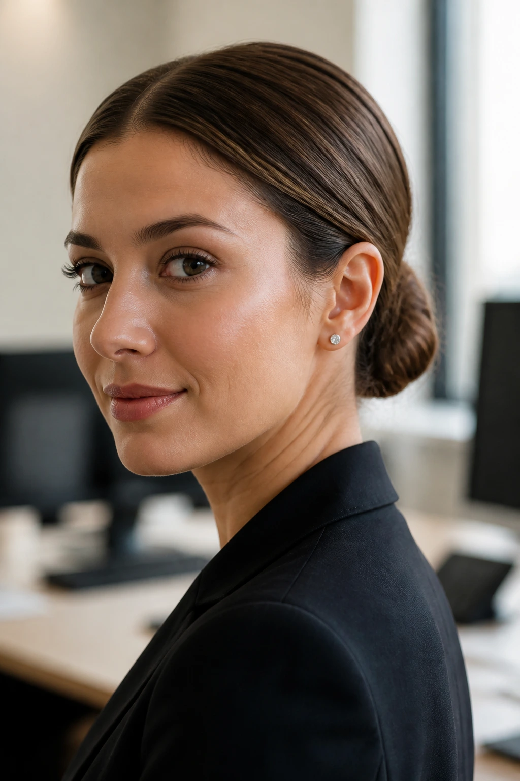 Close-up of a woman with an office-ready low knot at the nape