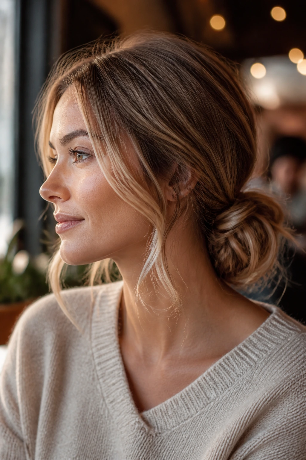 Close-up of a real woman in a messy low knot with face-framing pieces.