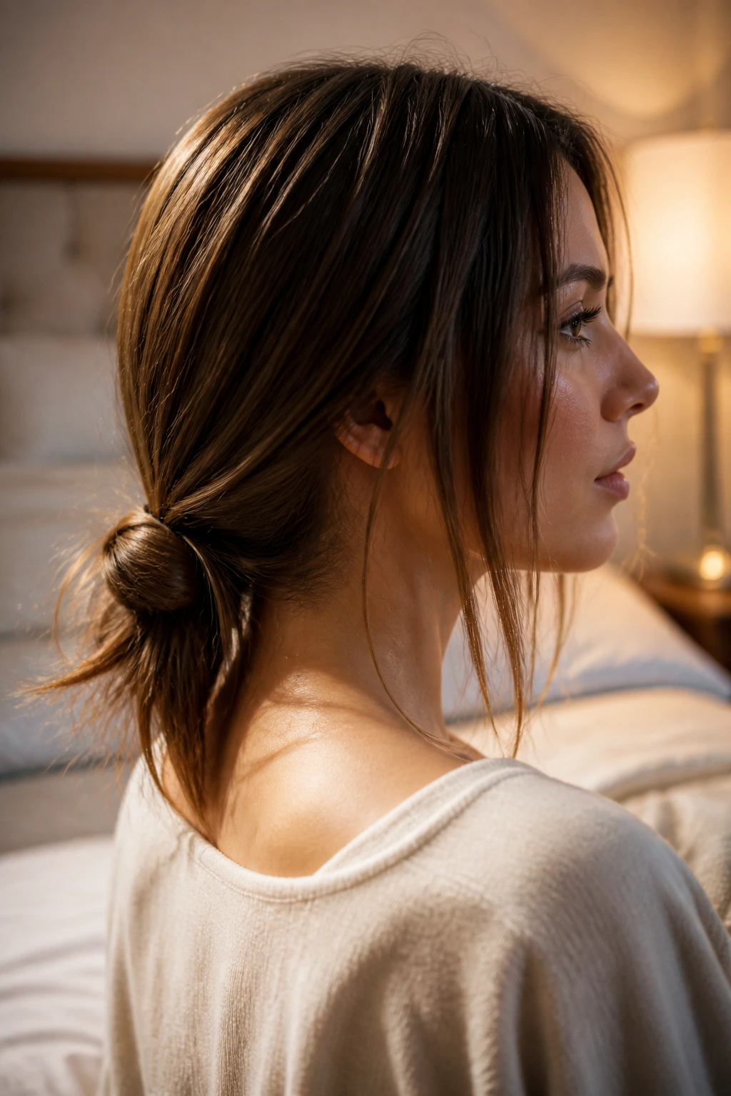 Portrait of a real woman with a low knot hairstyle and loose ends.