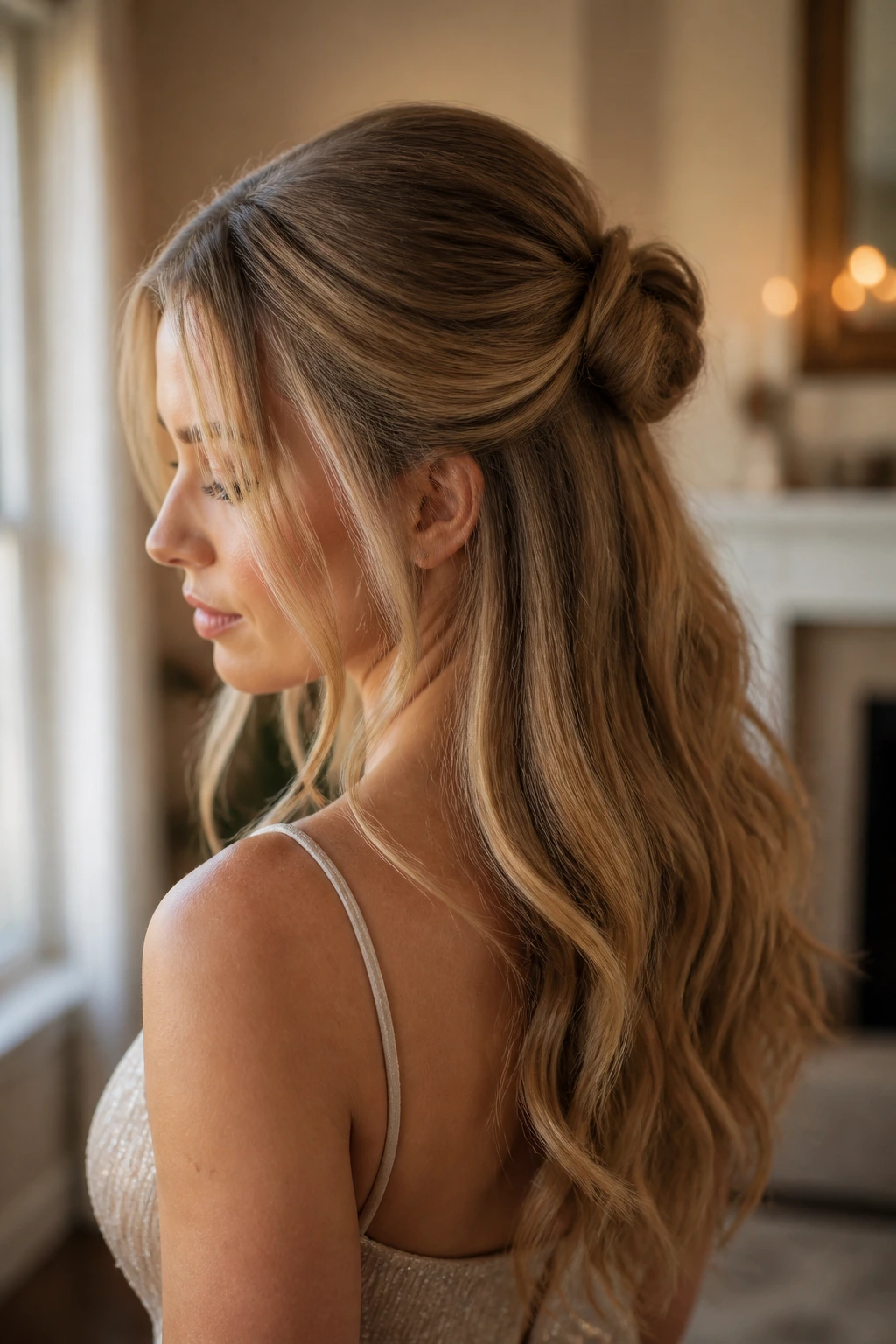 Close-up of a real person with a low knot half-up and face-framing pieces