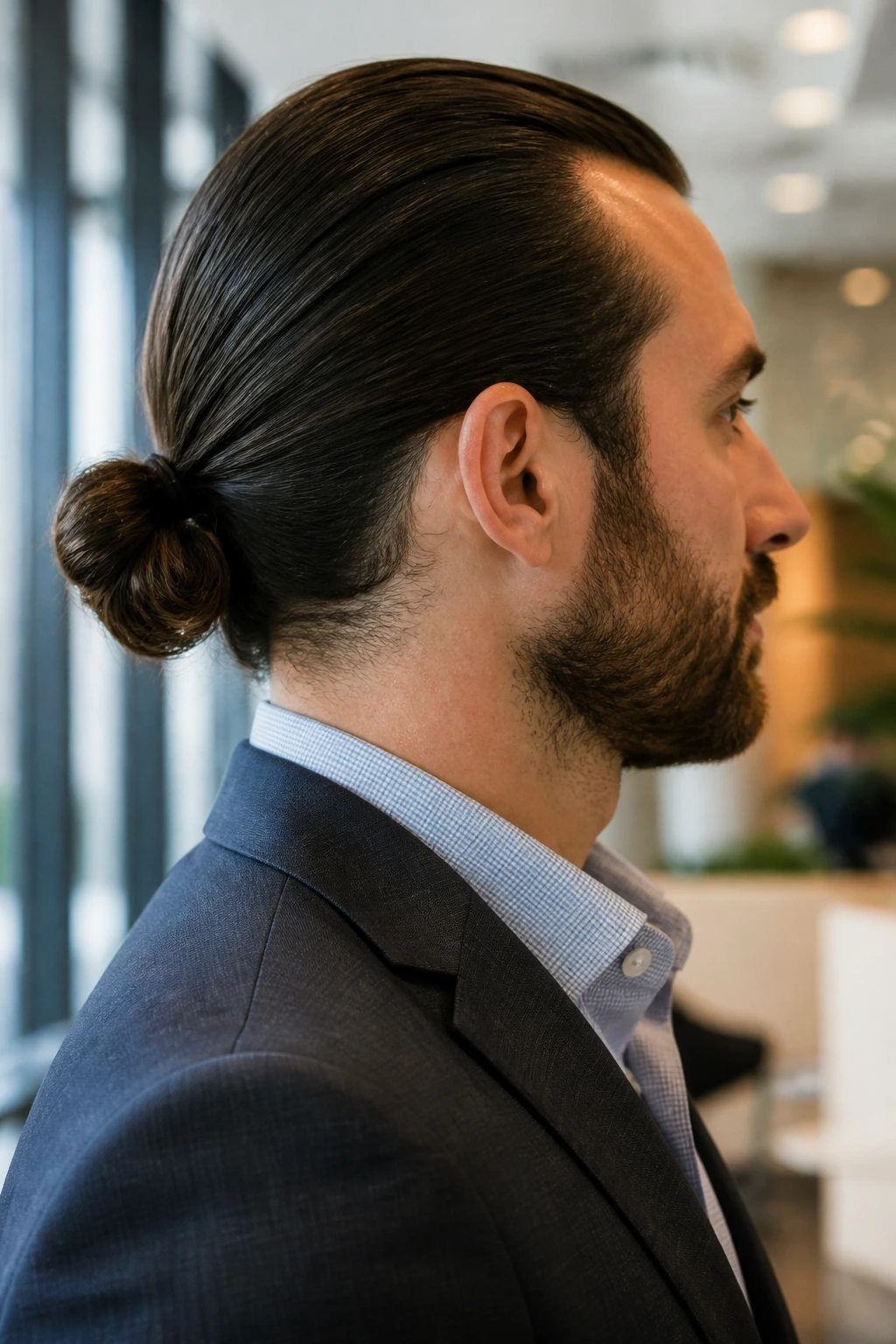 Close-up portrait of a real man with a low knot hairstyle in an office setting