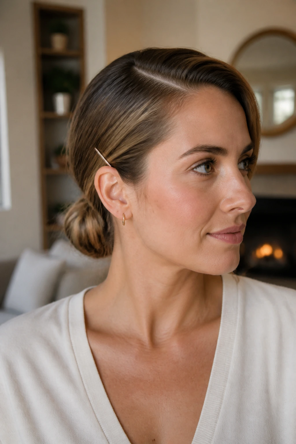 Close-up of a real woman with a low knot, deep side part, and a slim metal clip near the ear