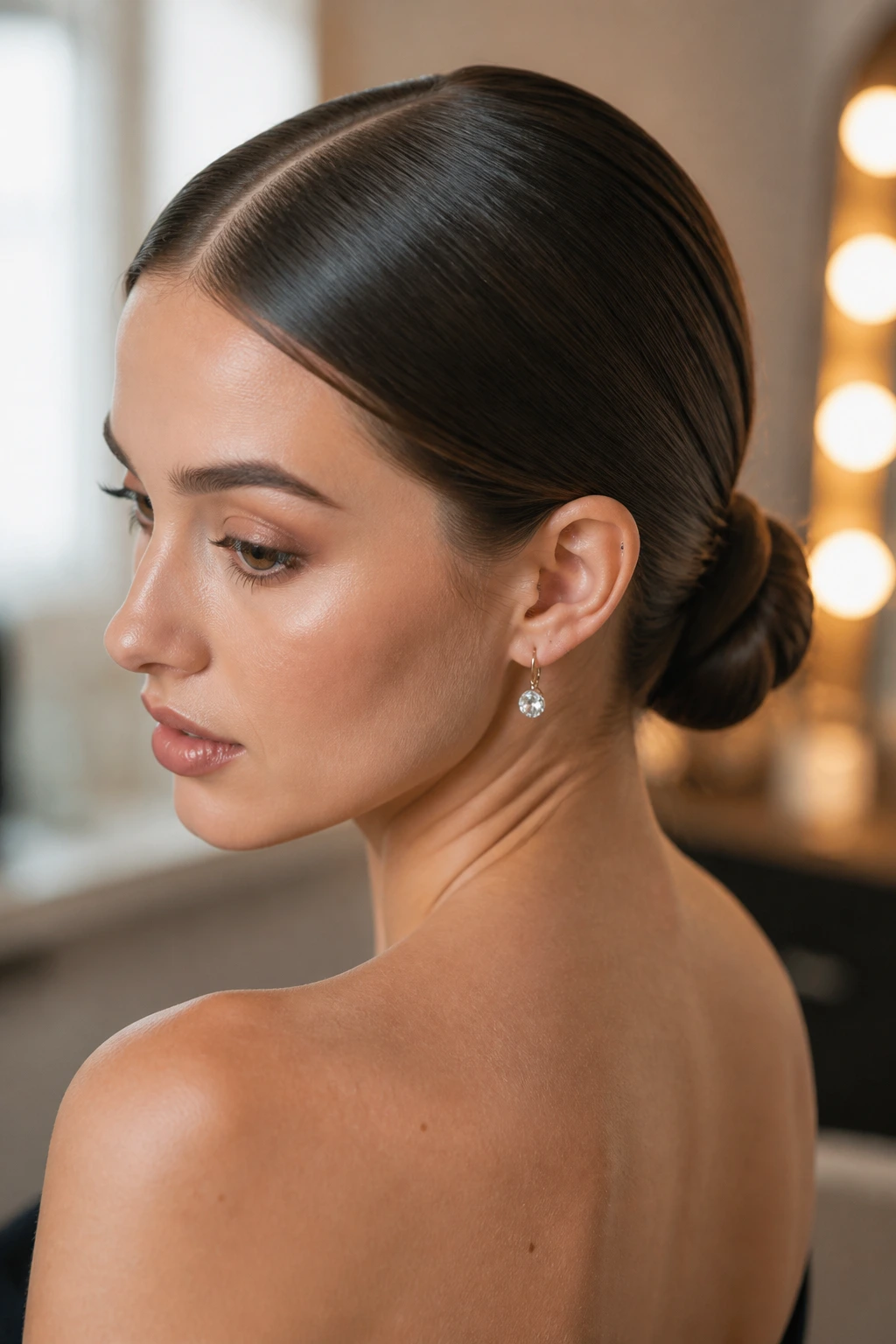 Close-up of a real woman with a sleek low knot and sharp middle part