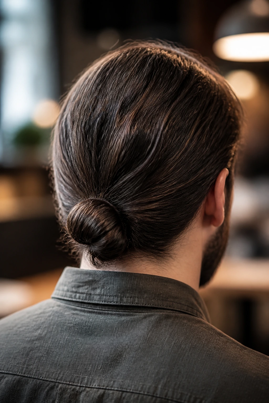 Back view of man with low knot at nape