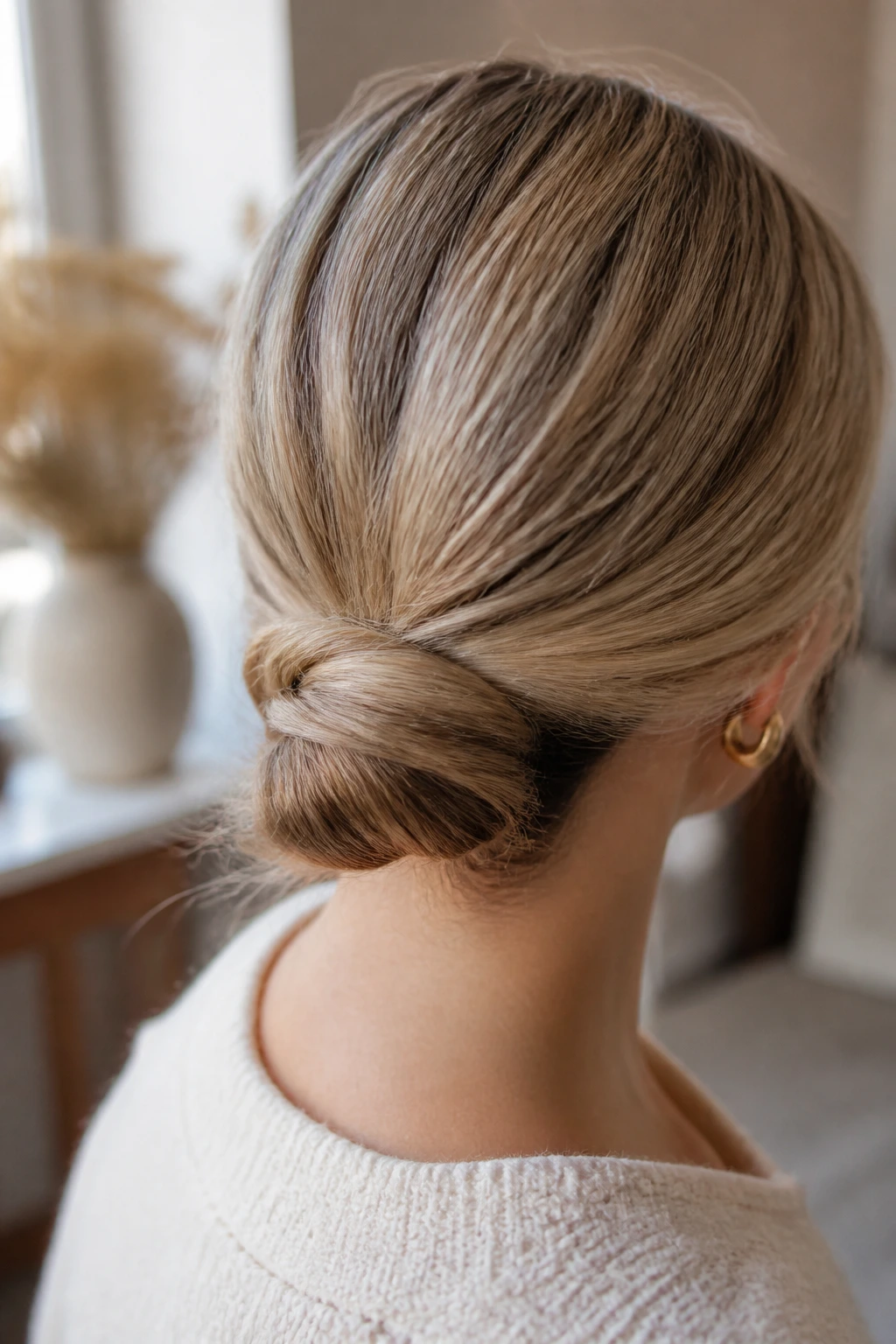 Close-up of a low knot at the nape of a real person's hair