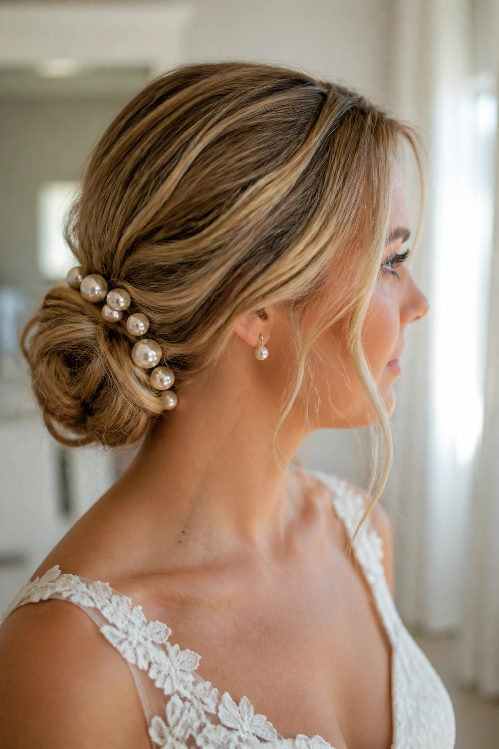 Close-up of a bride's low knot with pearl pins in a softly lit bridal suite
