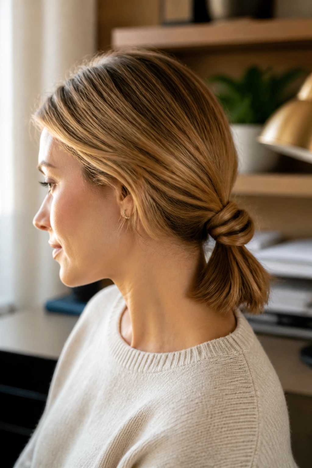 Close-up portrait of a real woman with a low knot-through pony hairstyle
