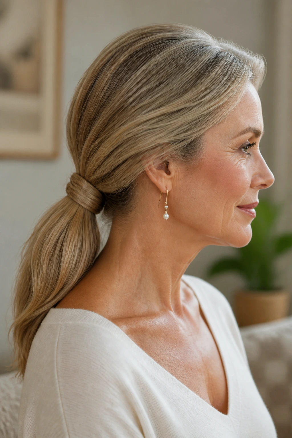 Close-up of a woman with a low knot detail ponytail