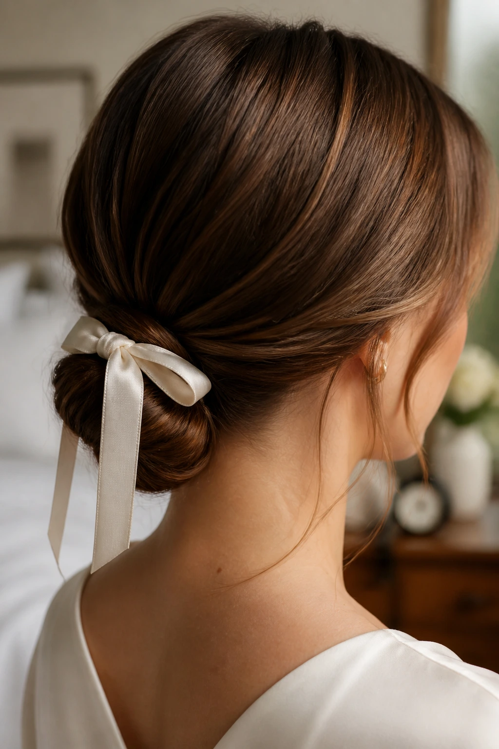Close-up of a real woman with a low knot at the nape wrapped with satin ribbon