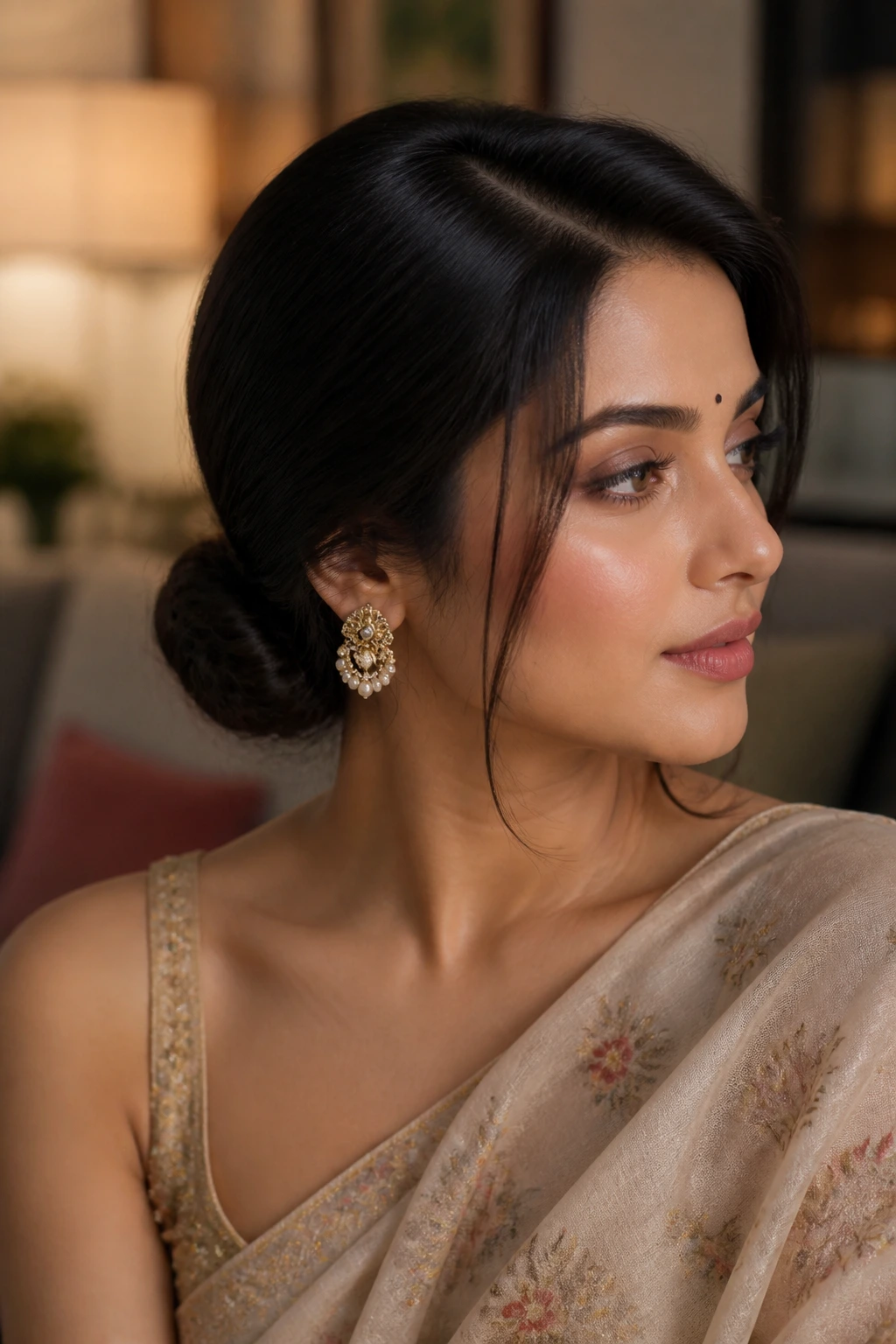 Close-up of a woman with deep side part and low knot at the nape in warm indoor light