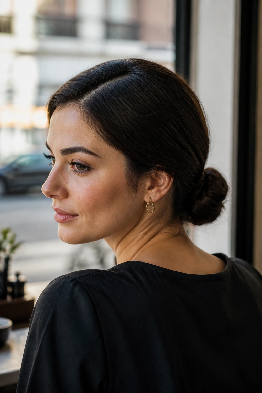 Close-up portrait of a real woman with a side-part and a low knot at the nape.