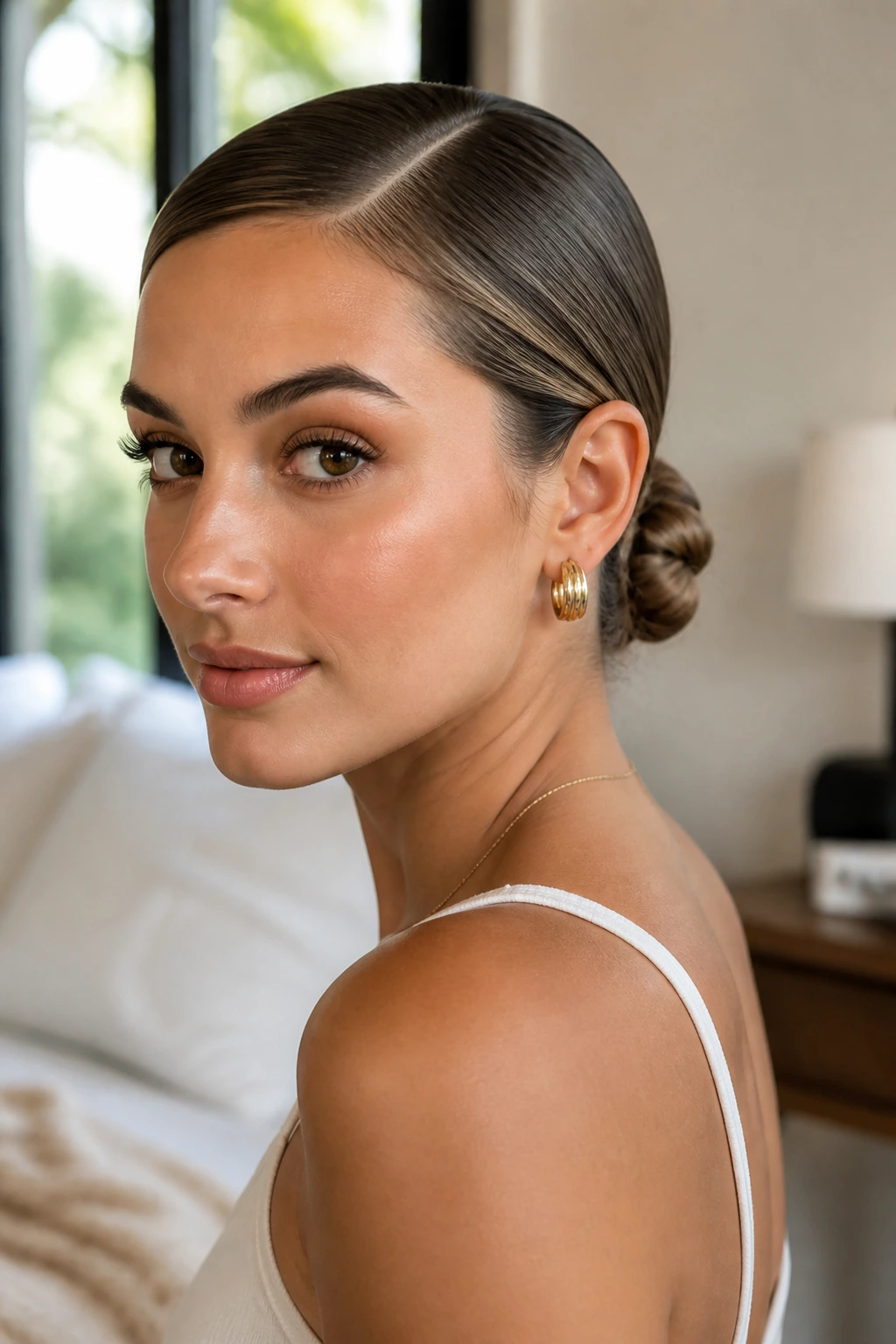 Real woman with smooth low knot and side part hairstyle