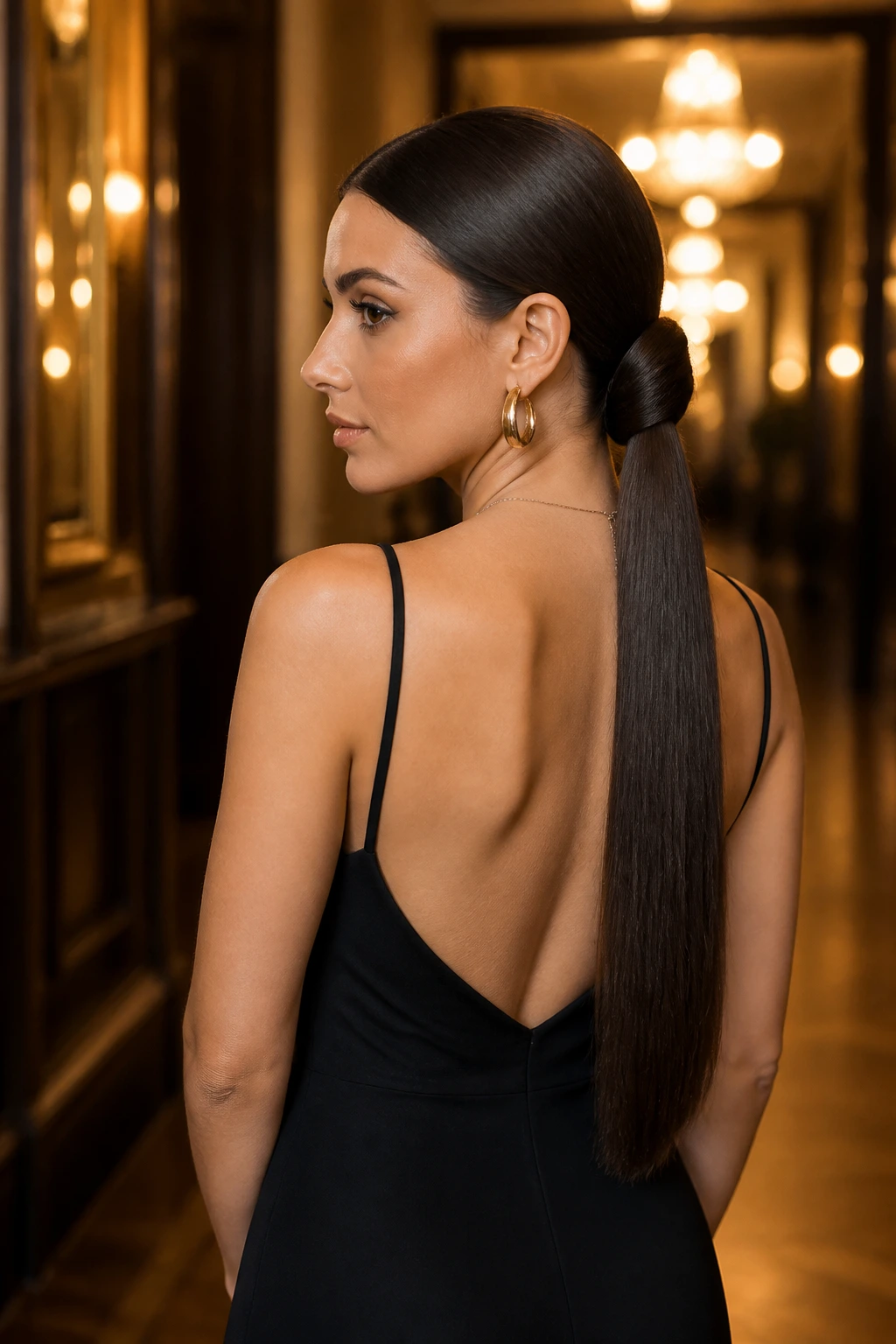 Three-quarter back portrait of a woman with a low knot and visible tail.