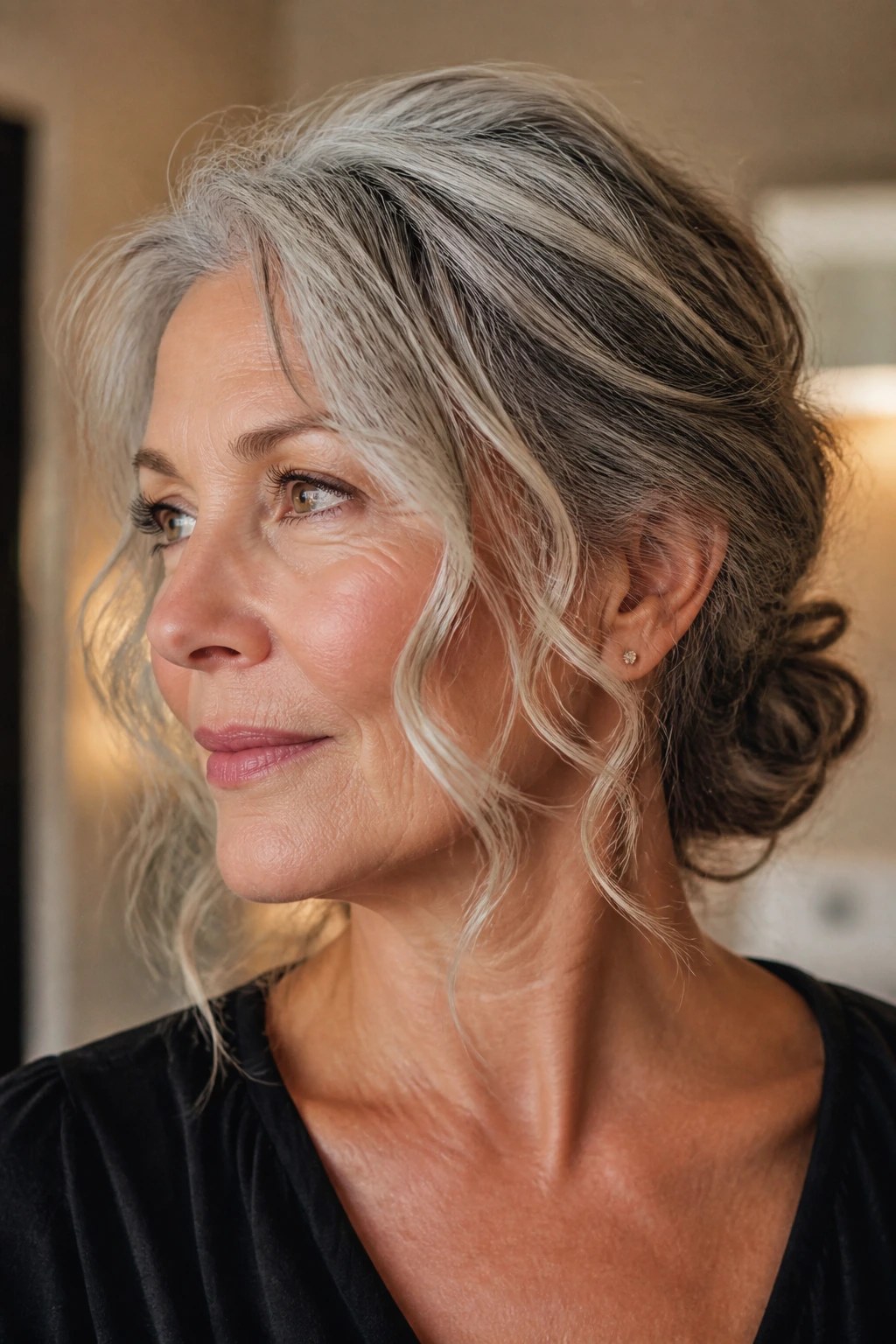 Close-up of a real woman with a low knot and loose tendrils framing the face
