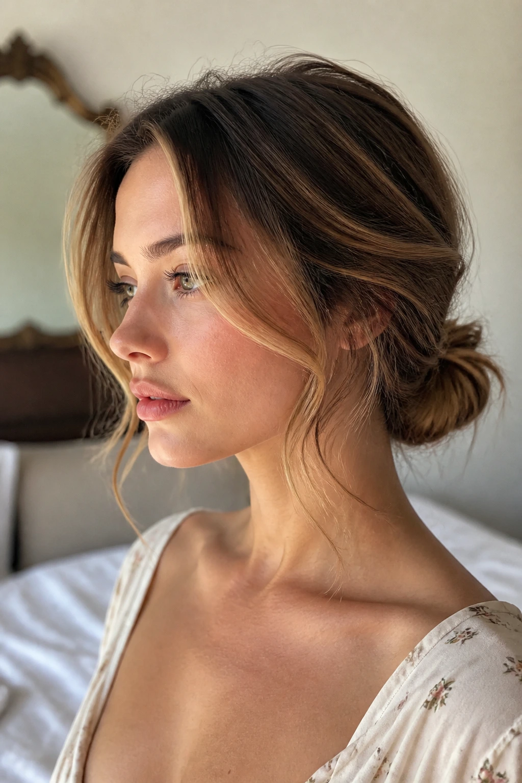 Close-up of a real woman with a relaxed low knot and face-framing tendrils