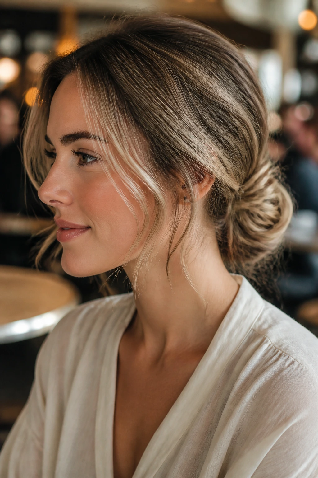 Close-up portrait of a real woman with a low knot and soft tendrils hairstyle