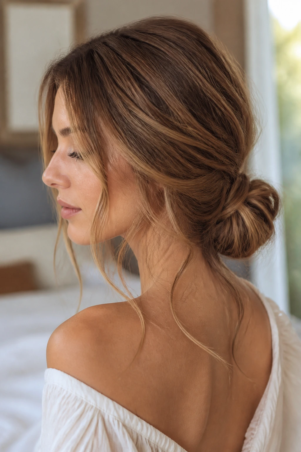 Close-up of a real woman with a low knot and wavy tendrils around the face in warm window light